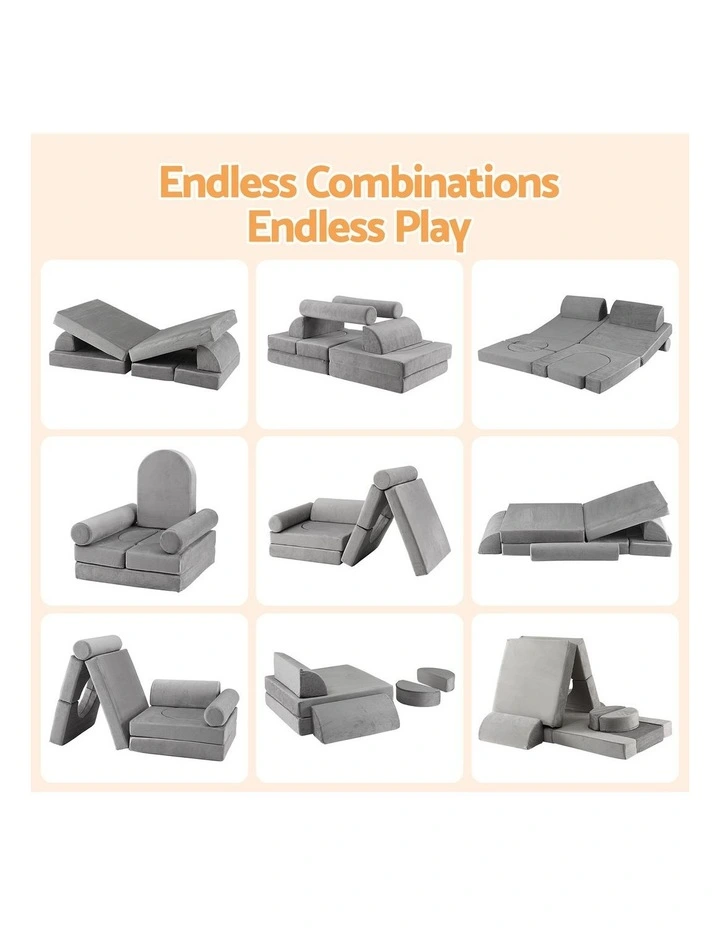 Keezi 12PCS Modular Kids Play Couch Foam Sofa Set with Removable Washable Cover Grey Playroom image 5
