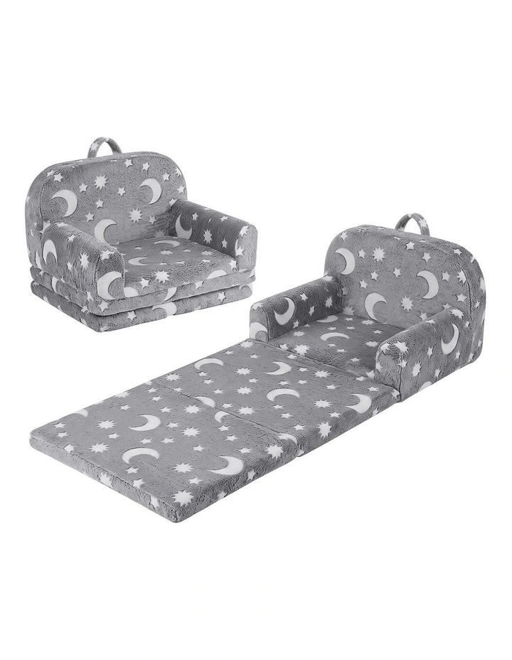Keezi Kids 2-in-1 Fold Out Sofa Bed w/ Washable Cover Carry Handle Pocket Glow Grey image 1