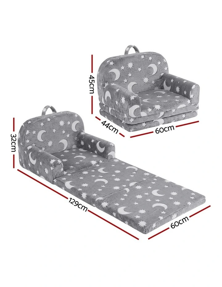 Keezi Kids 2-in-1 Fold Out Sofa Bed w/ Washable Cover Carry Handle Pocket Glow Grey image 2