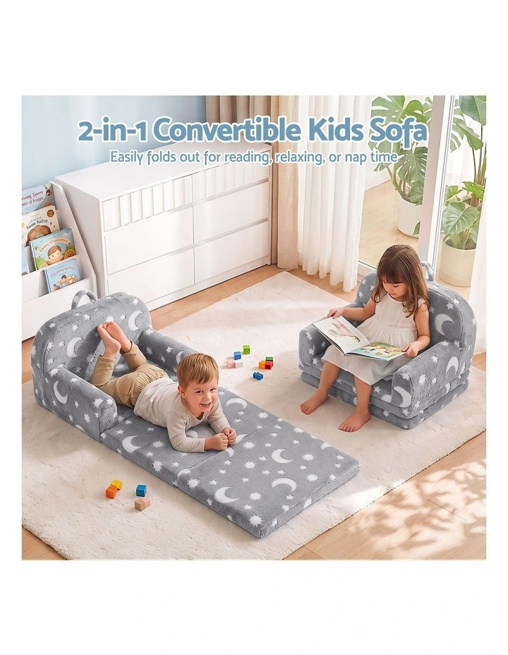 Keezi Kids 2-in-1 Fold Out Sofa Bed w/ Washable Cover Carry Handle Pocket Glow Grey image 4