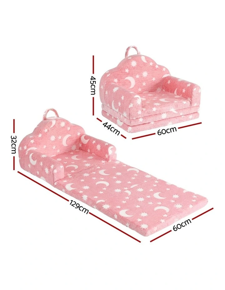 Keezi Kids 2-in-1 Fold Out Sofa Bed w/ Washable Cover Carry Handle Pocket Glow Pink image 2