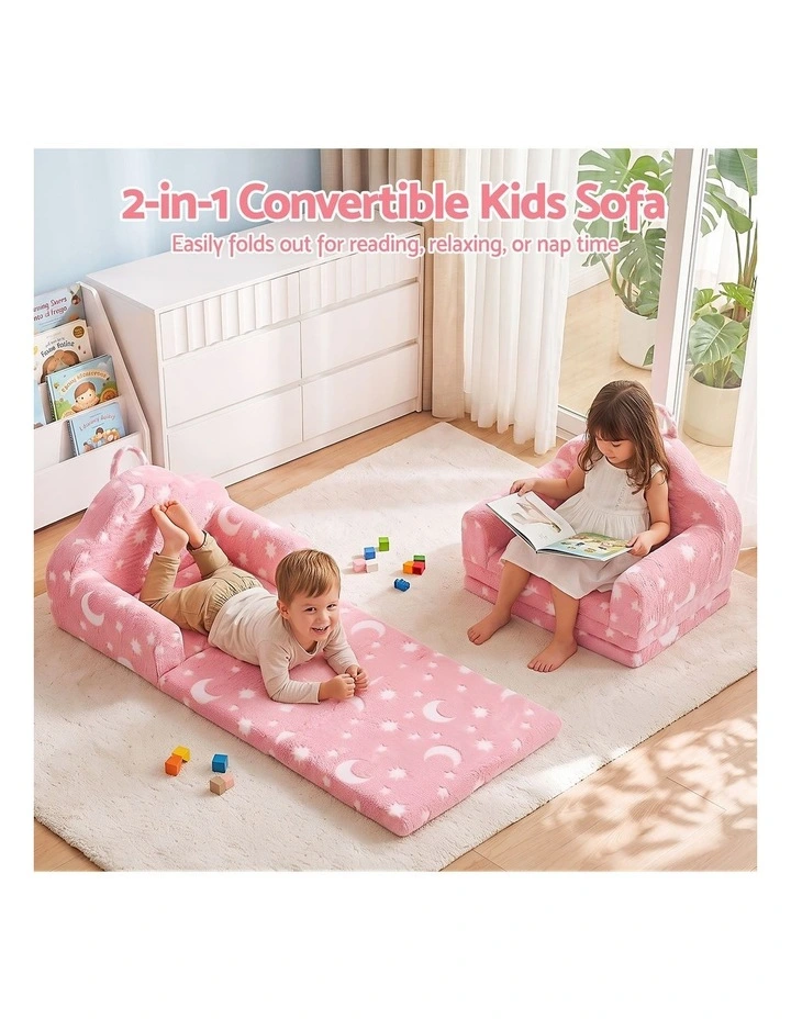 Keezi Kids 2-in-1 Fold Out Sofa Bed w/ Washable Cover Carry Handle Pocket Glow Pink image 4