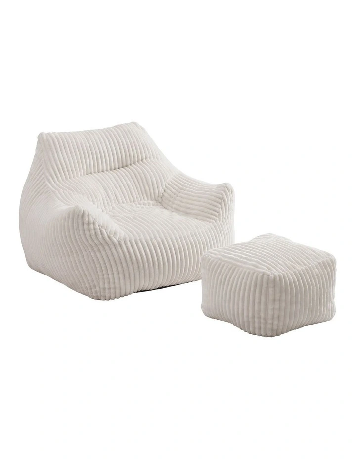 Artiss Bean Bag Sofa w/Ottoman Corduroy for Adults Teens White image 1