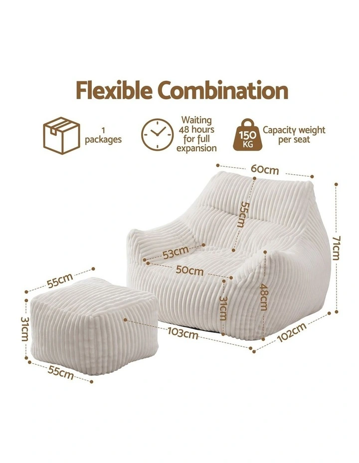 Artiss Bean Bag Sofa w/Ottoman Corduroy for Adults Teens White image 2