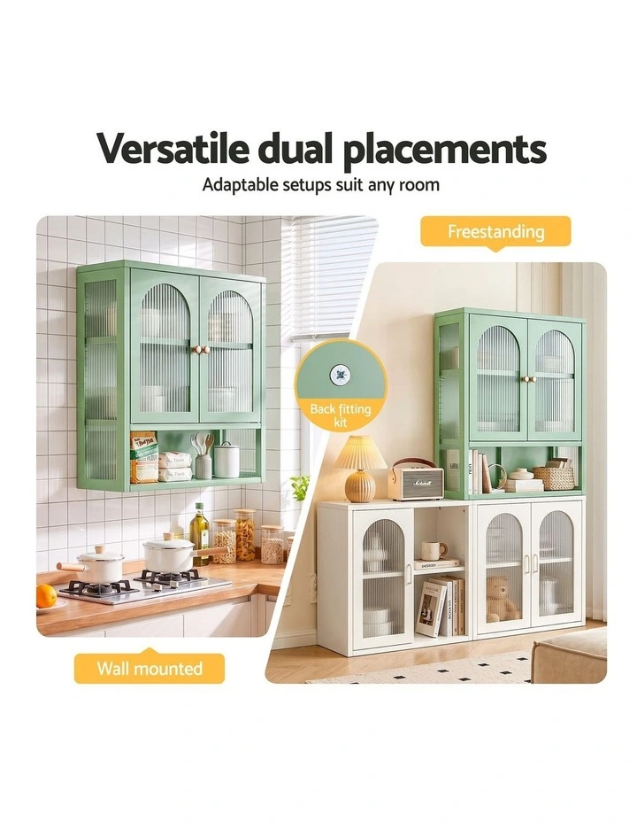 Artiss Buffet Cabinet Sideboards X2 Wall Mounted Fluted Display Storage Green image 5