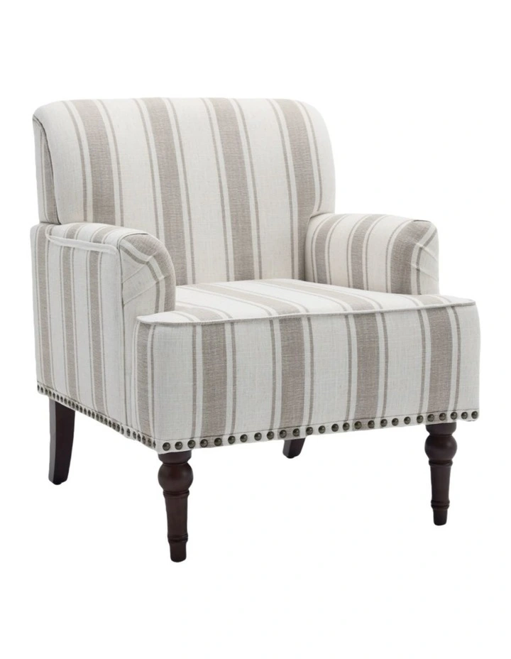 Coastal Style Stripe Fabric Accent Chairs, Modern Nailhead Trim Club Armchair in Tan Stripe Fabric image 1