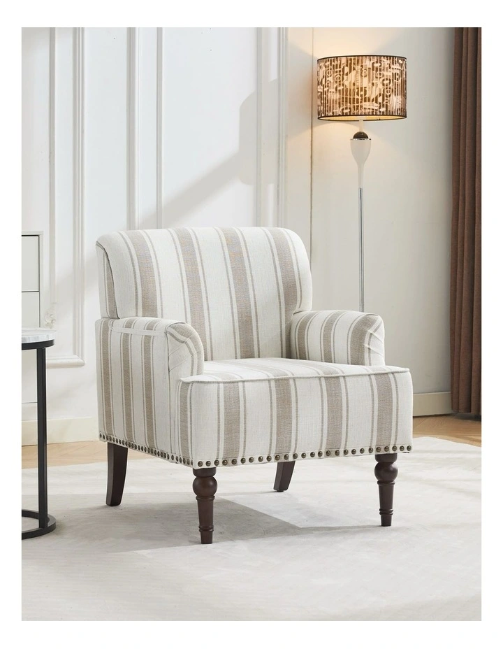 Coastal Style Stripe Fabric Accent Chairs, Modern Nailhead Trim Club Armchair in Tan Stripe Fabric image 2