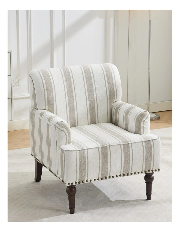 Coastal Style Stripe Fabric Accent Chairs, Modern Nailhead Trim Club Armchair in Tan Stripe Fabric image 3