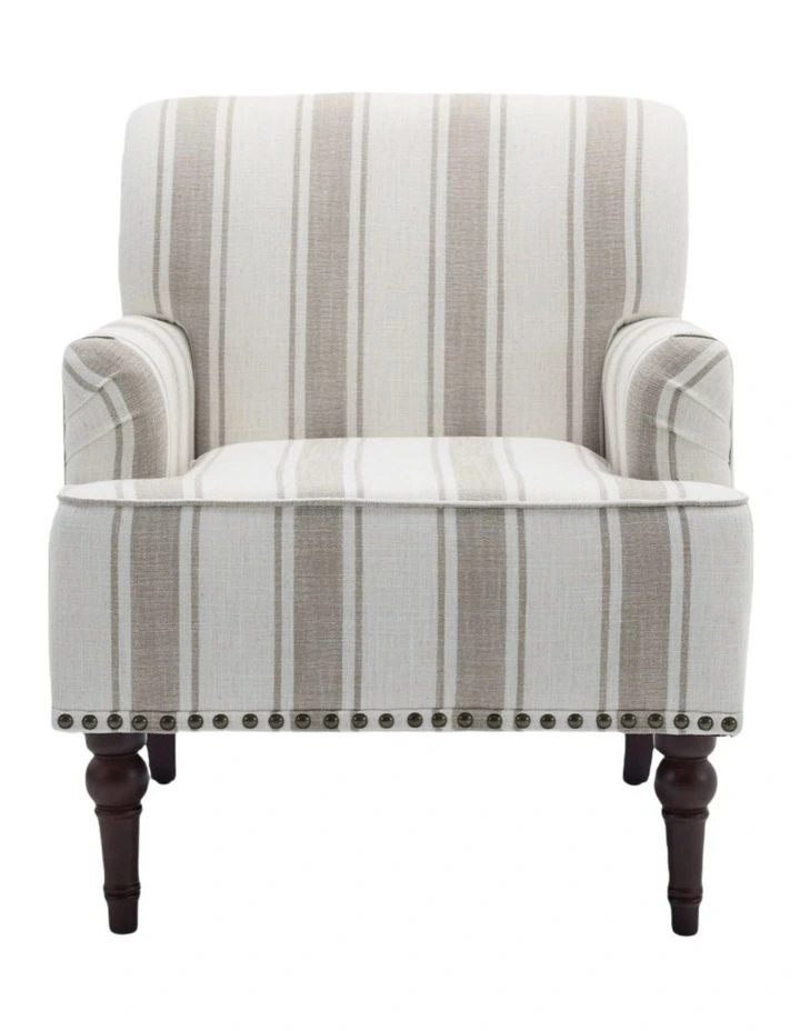 Coastal Style Stripe Fabric Accent Chairs, Modern Nailhead Trim Club Armchair in Tan Stripe Fabric image 5