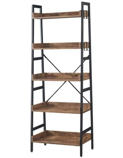 5 Tier Ladder Bookshelf with 4 Hooks, Industrial Bookcases in Brown Colour