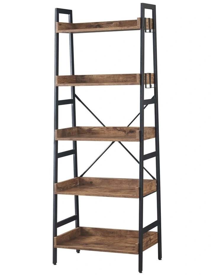 5 Tier Ladder Bookshelf with 4 Hooks, Industrial Bookcases in Brown Colour image 1