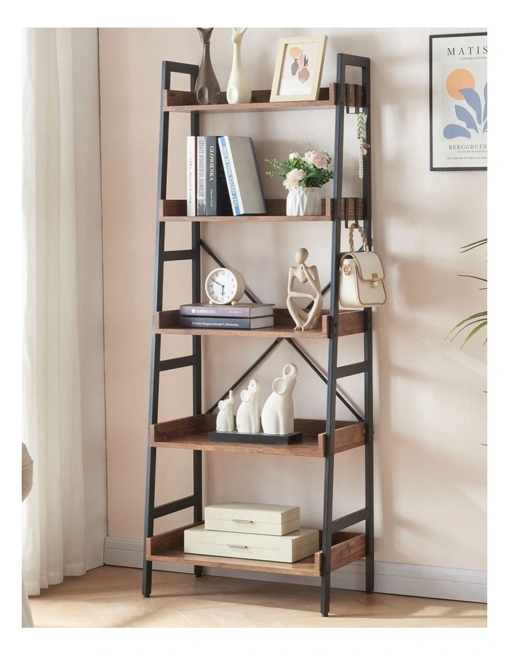 5 Tier Ladder Bookshelf with 4 Hooks, Industrial Bookcases in Brown Colour image 2
