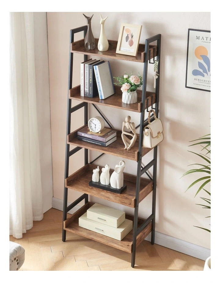 5 Tier Ladder Bookshelf with 4 Hooks, Industrial Bookcases in Brown Colour image 3