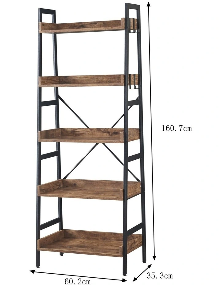 5 Tier Ladder Bookshelf with 4 Hooks, Industrial Bookcases in Brown Colour image 6
