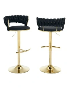 Set of 2 Velvet Adjustable Swivel Barstools with Golden Base in Black