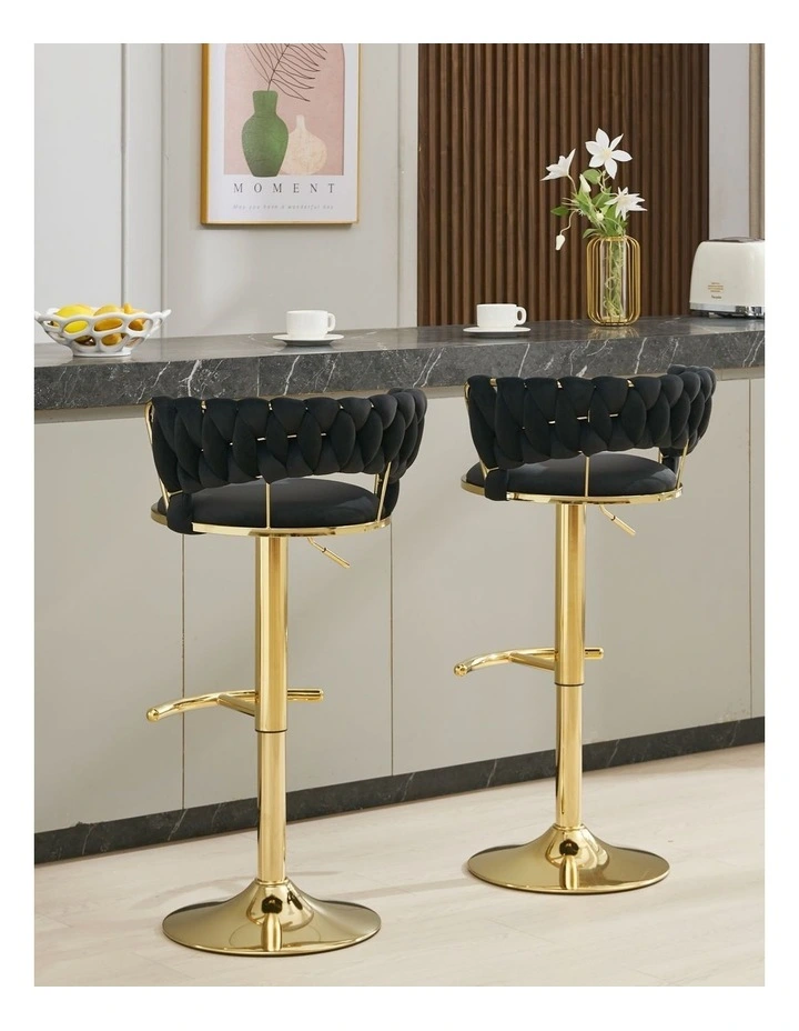 Set of 2 Velvet Adjustable Swivel Barstools with Golden Base in Black image 2