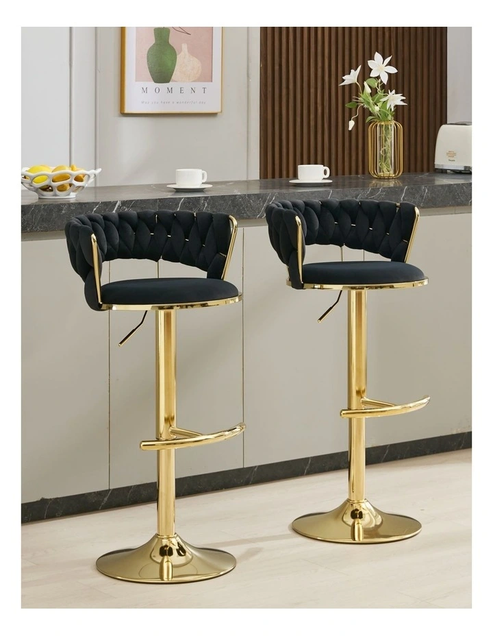 Set of 2 Velvet Adjustable Swivel Barstools with Golden Base in Black image 3