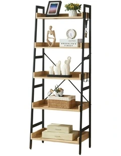5 Tier Ladder Bookshelf with 4 Hooks, Industrial Bookcases in Oak Colour