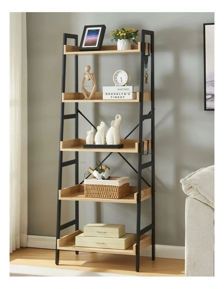5 Tier Ladder Bookshelf with 4 Hooks, Industrial Bookcases in Oak Colour image 2