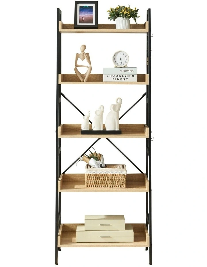 5 Tier Ladder Bookshelf with 4 Hooks, Industrial Bookcases in Oak Colour image 6