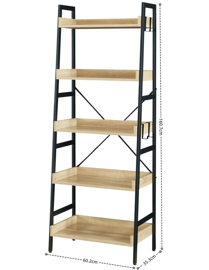 5 Tier Ladder Bookshelf with 4 Hooks, Industrial Bookcases in Oak Colour image 7