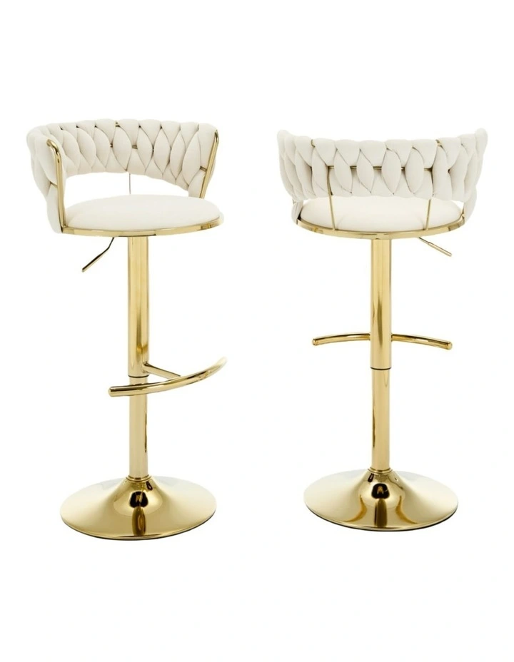 Set of 2 Velvet Adjustable Swivel Barstools with Golden Base in Beige image 1
