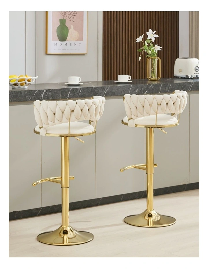 Set of 2 Velvet Adjustable Swivel Barstools with Golden Base in Beige image 2