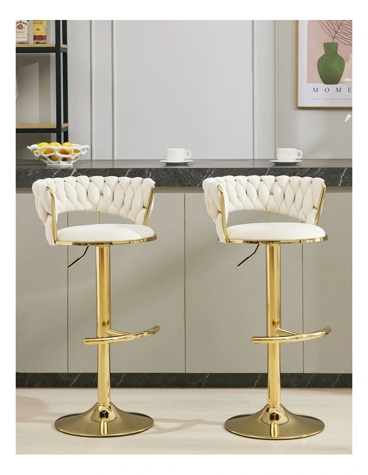 Set of 2 Velvet Adjustable Swivel Barstools with Golden Base in Beige image 3