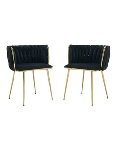 Set of 2 Velvet Upholstered Woven Dining Chairs with Golden Metal Legs in Black Colour