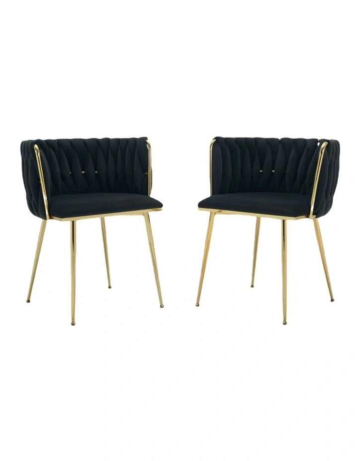 Set of 2 Velvet Upholstered Woven Dining Chairs with Golden Metal Legs in Black Colour image 1