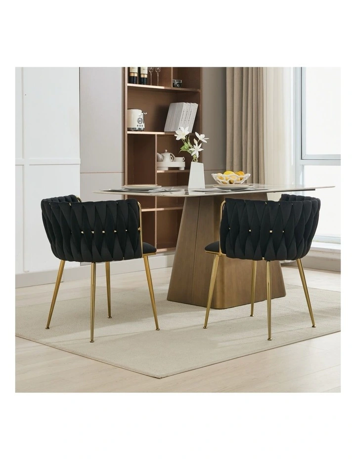 Set of 2 Velvet Upholstered Woven Dining Chairs with Golden Metal Legs in Black Colour image 2
