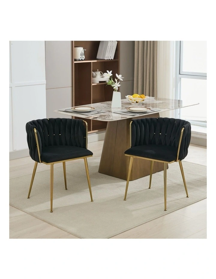 Set of 2 Velvet Upholstered Woven Dining Chairs with Golden Metal Legs in Black Colour image 3
