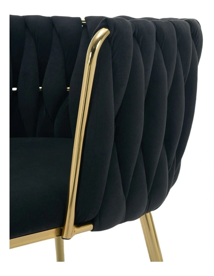 Set of 2 Velvet Upholstered Woven Dining Chairs with Golden Metal Legs in Black Colour image 4