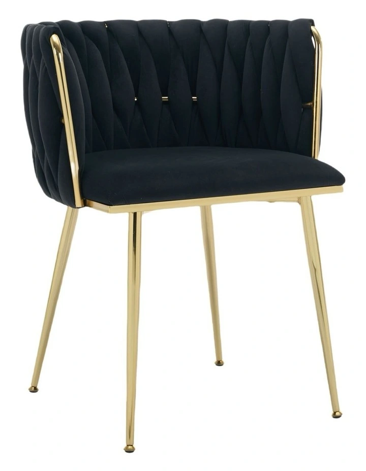 Set of 2 Velvet Upholstered Woven Dining Chairs with Golden Metal Legs in Black Colour image 5