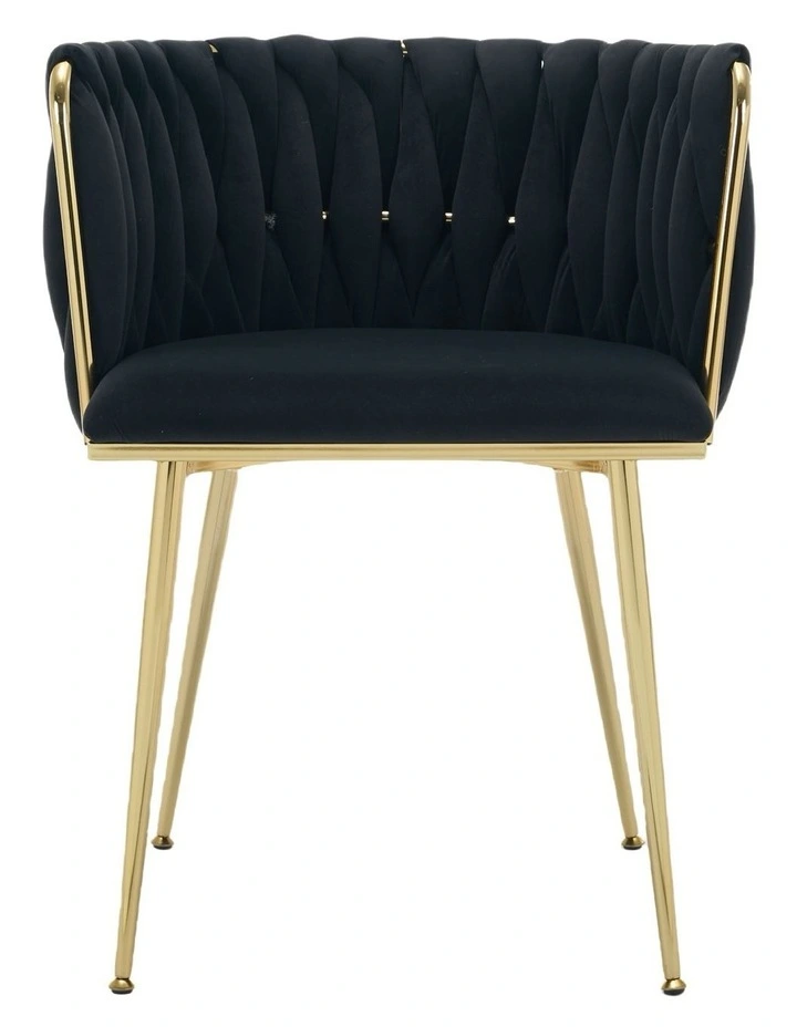 Set of 2 Velvet Upholstered Woven Dining Chairs with Golden Metal Legs in Black Colour image 6