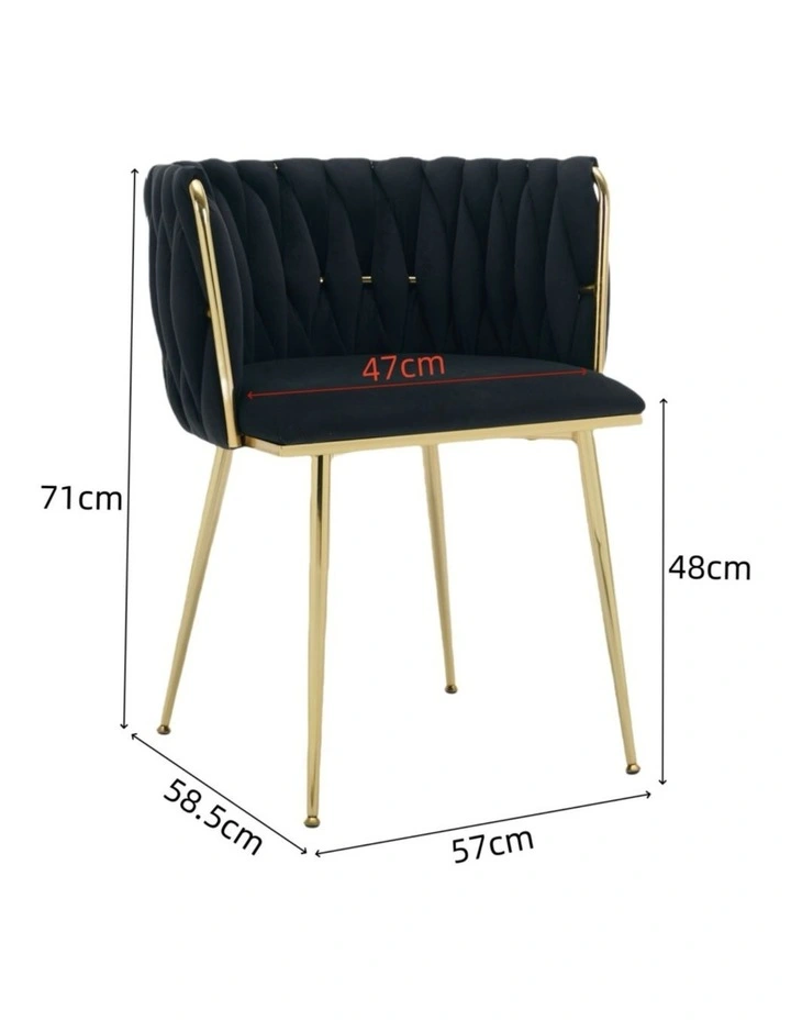 Set of 2 Velvet Upholstered Woven Dining Chairs with Golden Metal Legs in Black Colour image 7