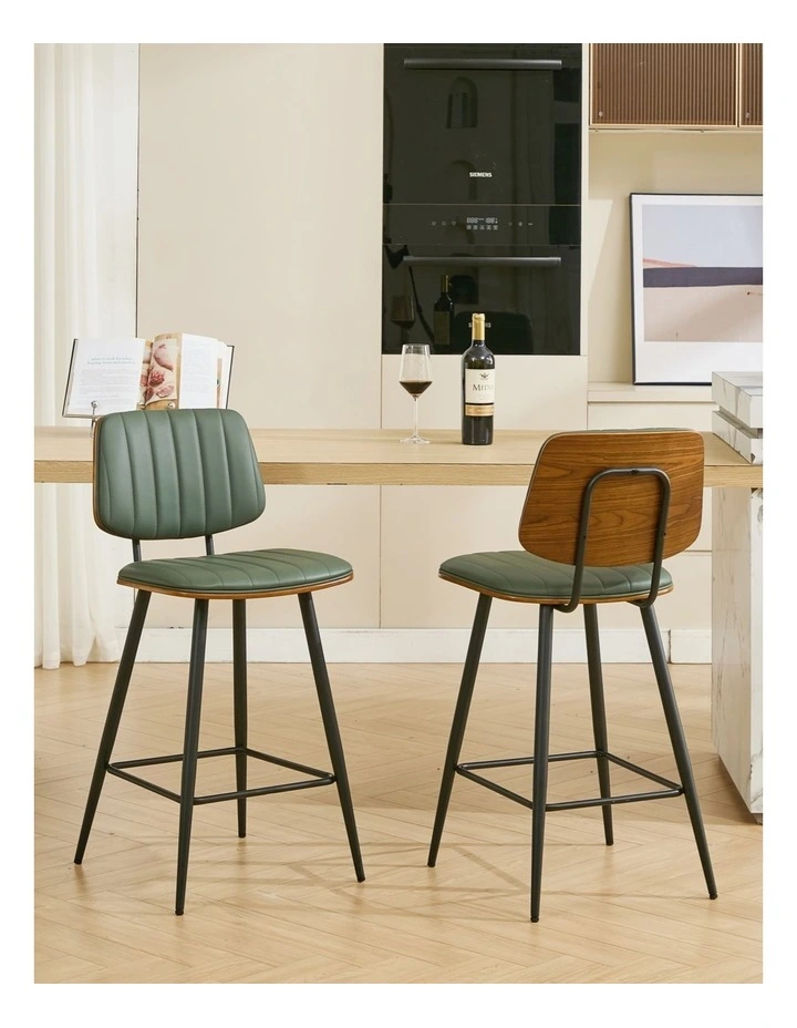 Counter Height Bar Stools, Mid-century Faux Leather Upholstered Barstools with Shell Stiching Back image 2