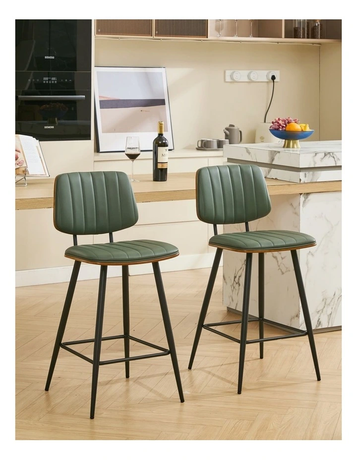 Counter Height Bar Stools, Mid-century Faux Leather Upholstered Barstools with Shell Stiching Back image 3
