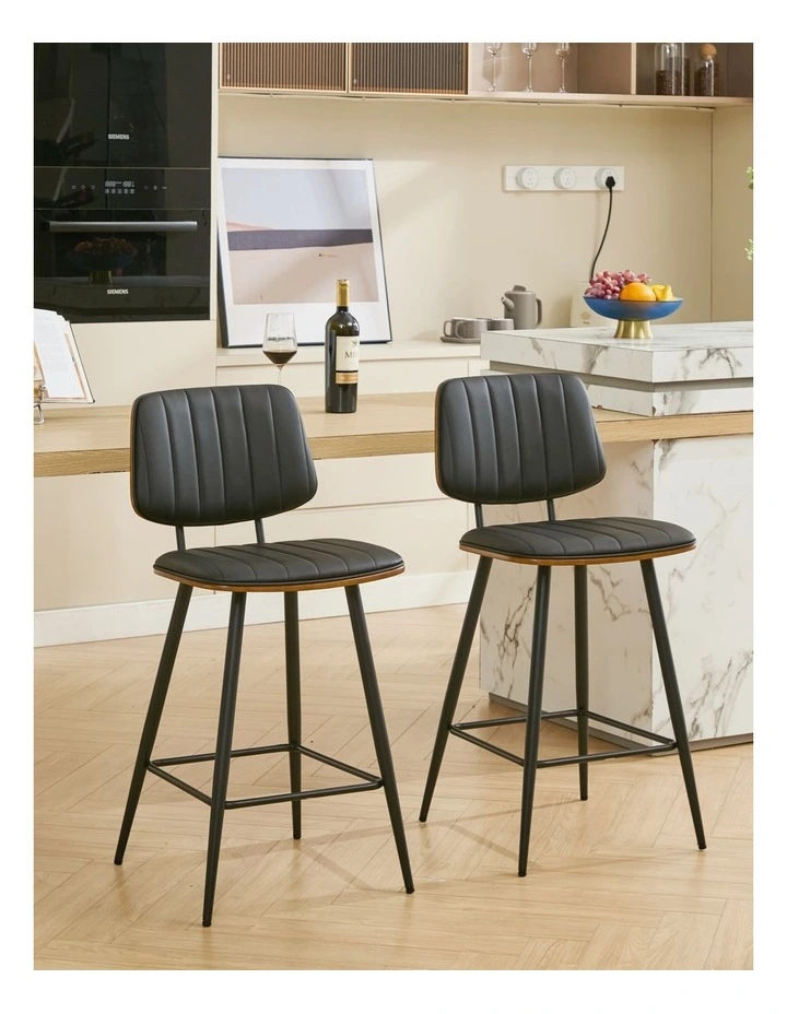 Counter Height Bar Stools, Mid-century Faux Leather Upholstered Barstools with Shell Stiching Back image 2