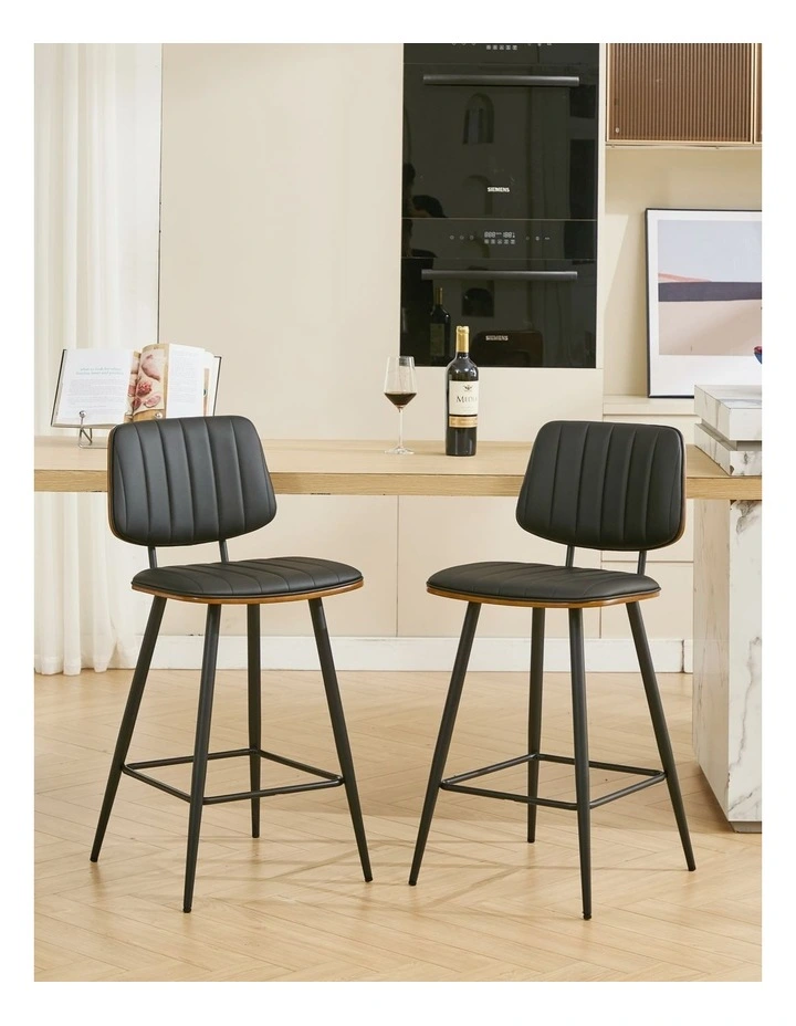 Counter Height Bar Stools, Mid-century Faux Leather Upholstered Barstools with Shell Stiching Back image 3
