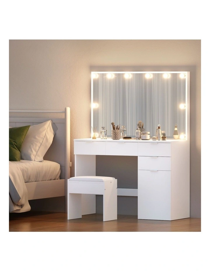 Artiss Dressing Table Set Stool 10 Led Bulbs White image 3