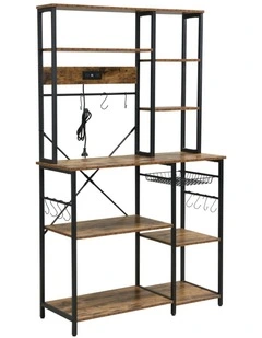 Bakers Rack with Power Outlets, 6-Tier Microwave Stand, Coffee Bar with 12 S-Shaped Hooks in Brown
