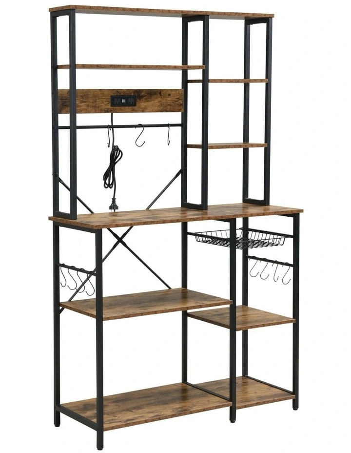 Bakers Rack with Power Outlets, 6-Tier Microwave Stand, Coffee Bar with 12 S-Shaped Hooks in Brown image 1