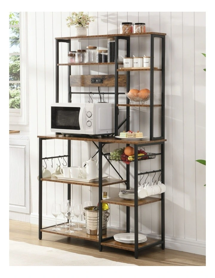 Bakers Rack with Power Outlets, 6-Tier Microwave Stand, Coffee Bar with 12 S-Shaped Hooks in Brown image 2