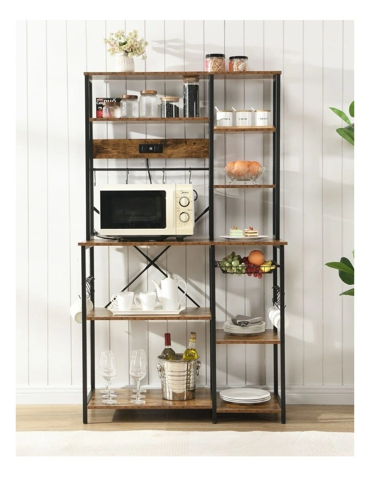 Bakers Rack with Power Outlets, 6-Tier Microwave Stand, Coffee Bar with 12 S-Shaped Hooks in Brown image 3