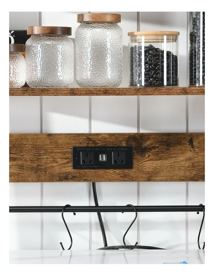 Bakers Rack with Power Outlets, 6-Tier Microwave Stand, Coffee Bar with 12 S-Shaped Hooks in Brown image 5