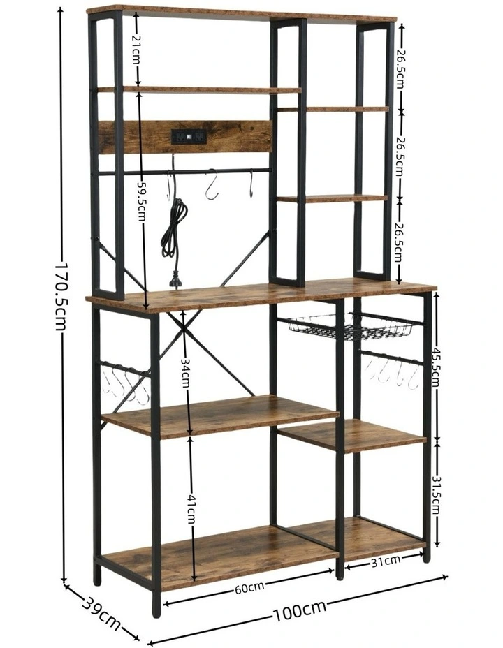 Bakers Rack with Power Outlets, 6-Tier Microwave Stand, Coffee Bar with 12 S-Shaped Hooks in Brown image 7