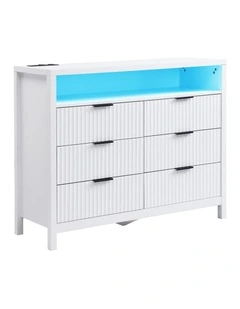 White 6 Chest of Drawers, Modern Dresser for Closet with Power Outlet and LED Lights