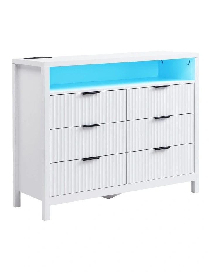 White 6 Chest of Drawers, Modern Dresser for Closet with Power Outlet and LED Lights image 1