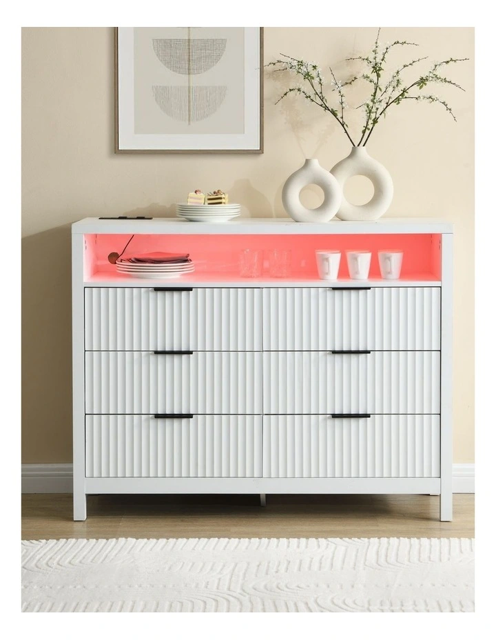 White 6 Chest of Drawers, Modern Dresser for Closet with Power Outlet and LED Lights image 2